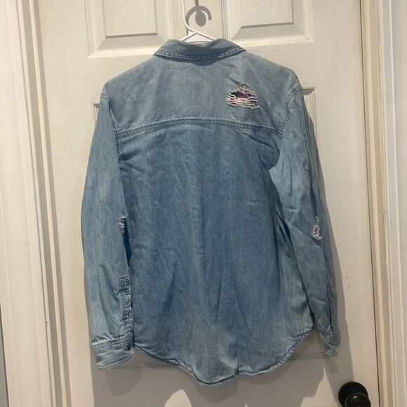 American Eagle flannel lined snap button denim top oversized fit SZ medium - Picture 6 of 10